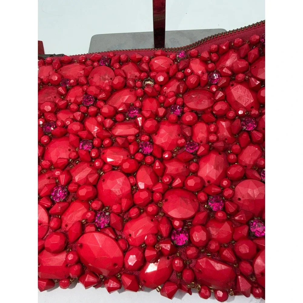 Red Beaded Rhinestone Embellished Zip Clutch Evening Bag with Spare Beads